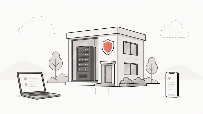 Illustration d'un système d'information souverain : serveurs auto-hébergés reliés aux postes de travail d'une PME
