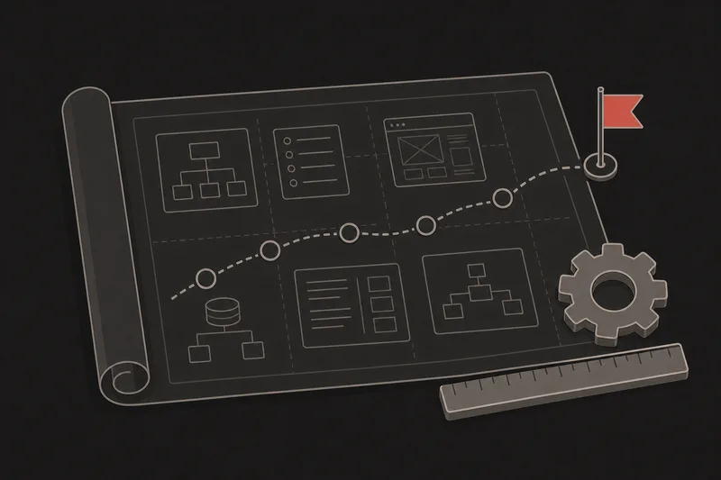 Illustration du montage d'un projet informatique : plan d'architecture et étapes de construction d'un SI